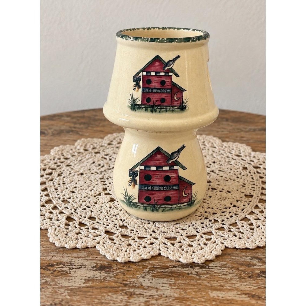 VTG Home & Garden Party Bird House 'Feed Store' Stoneware Candle Holder USA